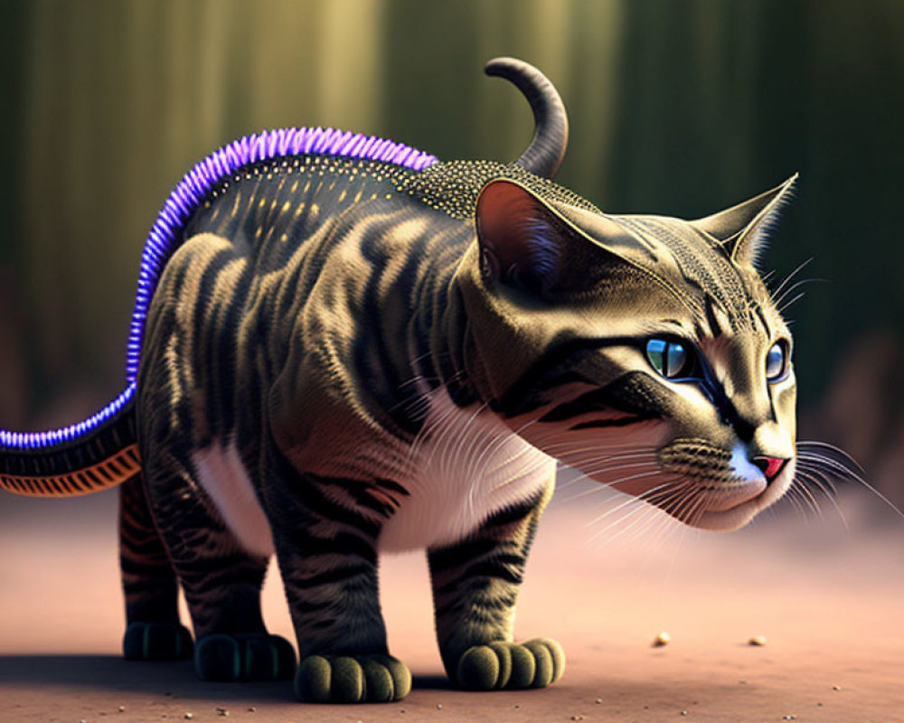 Striped Cat Digital Artwork with Vibrant Blue Eyes and Futuristic Elements