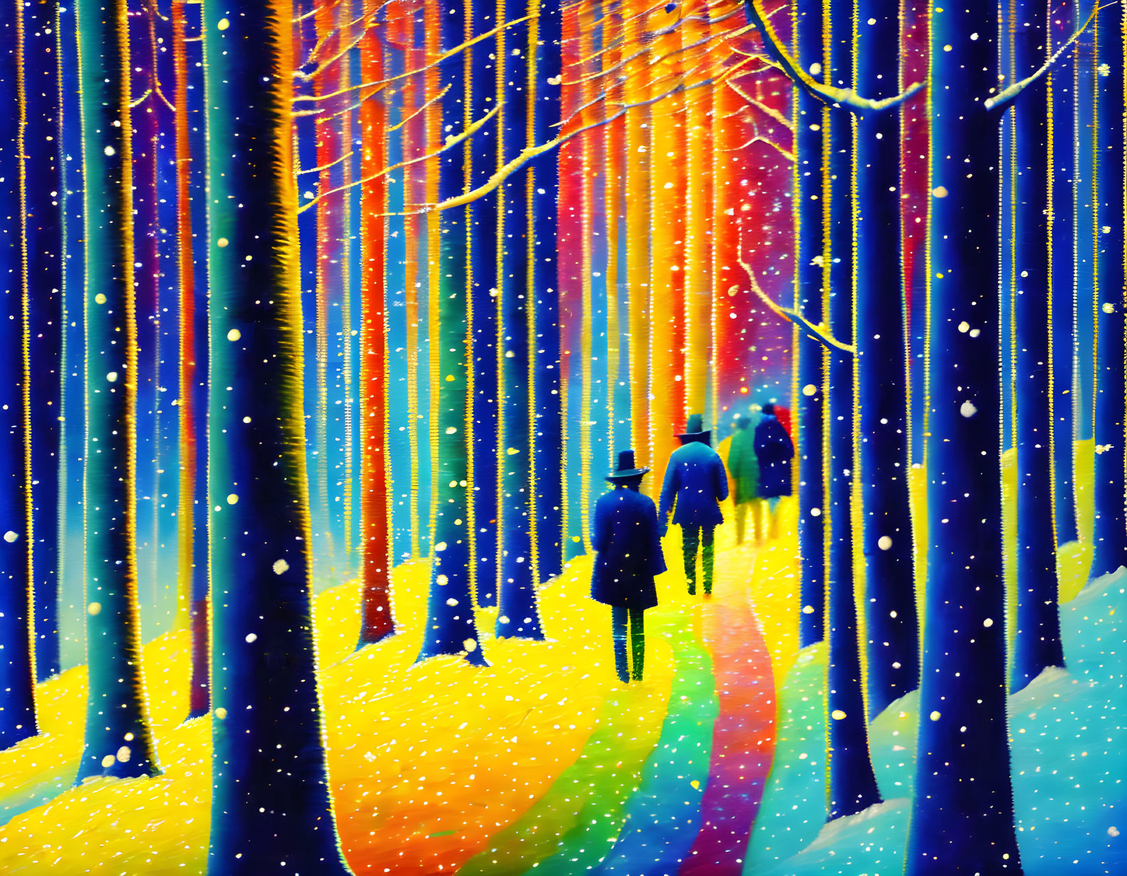 Colorful painting: People walking on rainbow pathway in blue forest with starry speckles