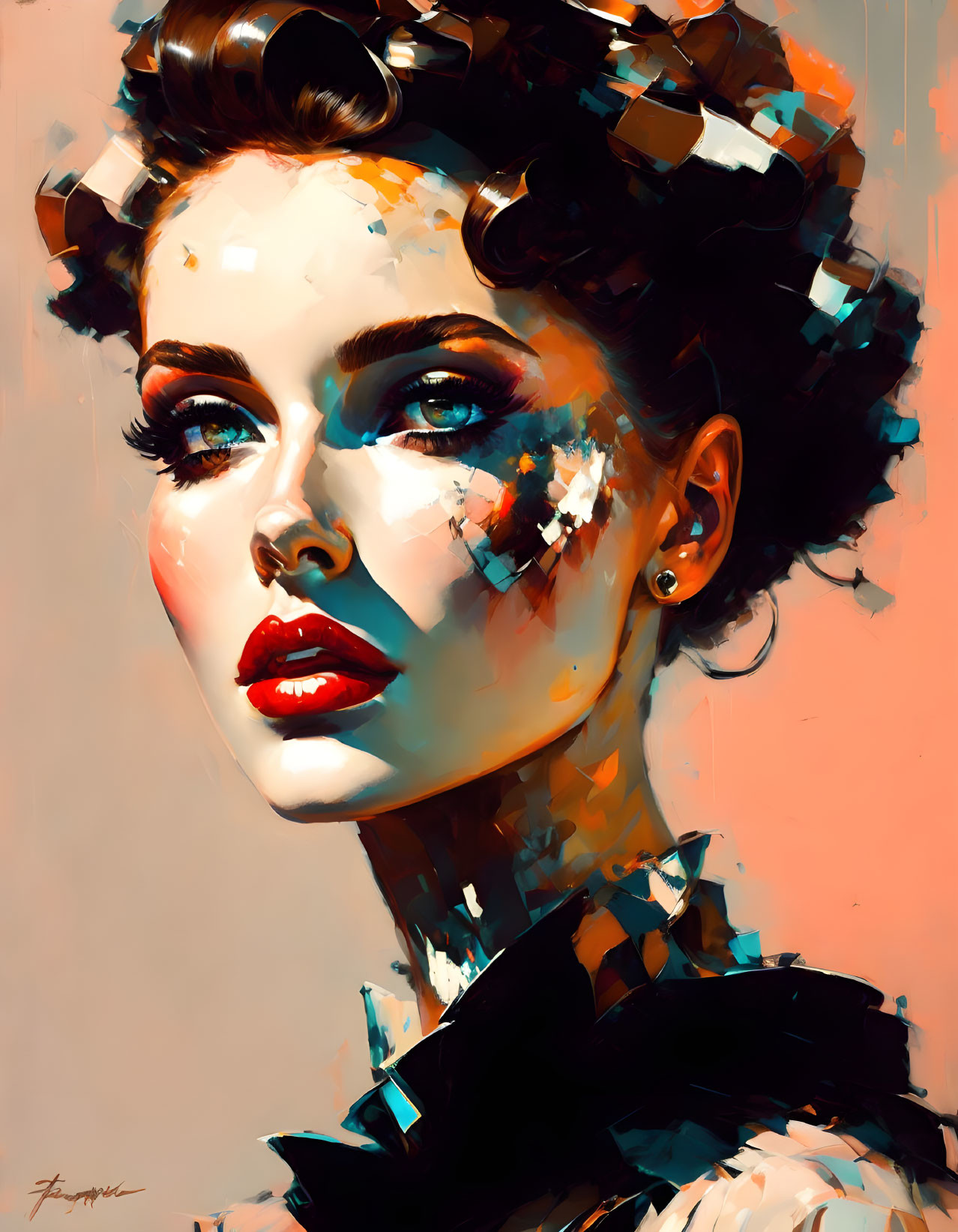 Colorful digital portrait featuring woman with bold makeup and hair in rollers, with abstract effect on one side