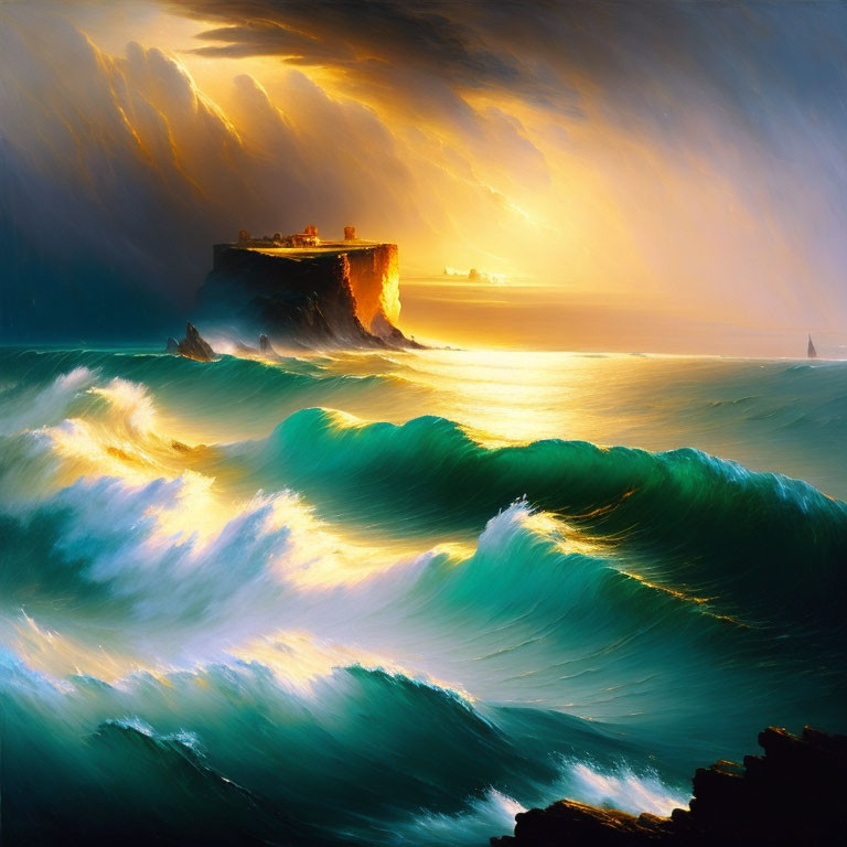 Dramatic Sunset Seascape with Turbulent Waves and Cliff Building