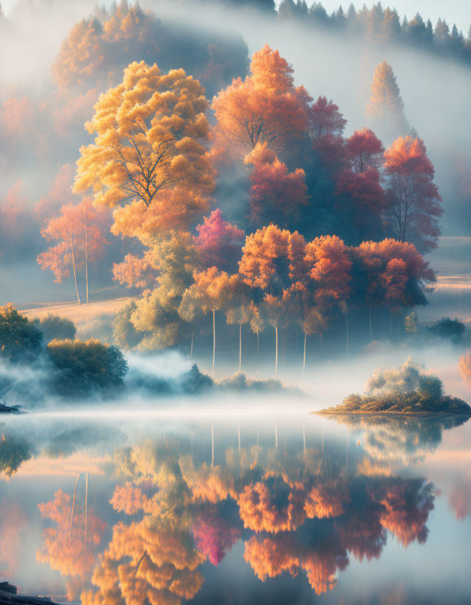 Vibrant autumn trees with mist over calm lake at dawn