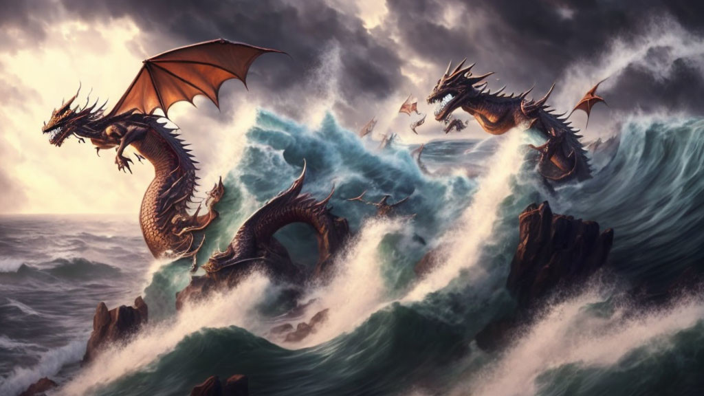 Majestic dragons in stormy ocean scene