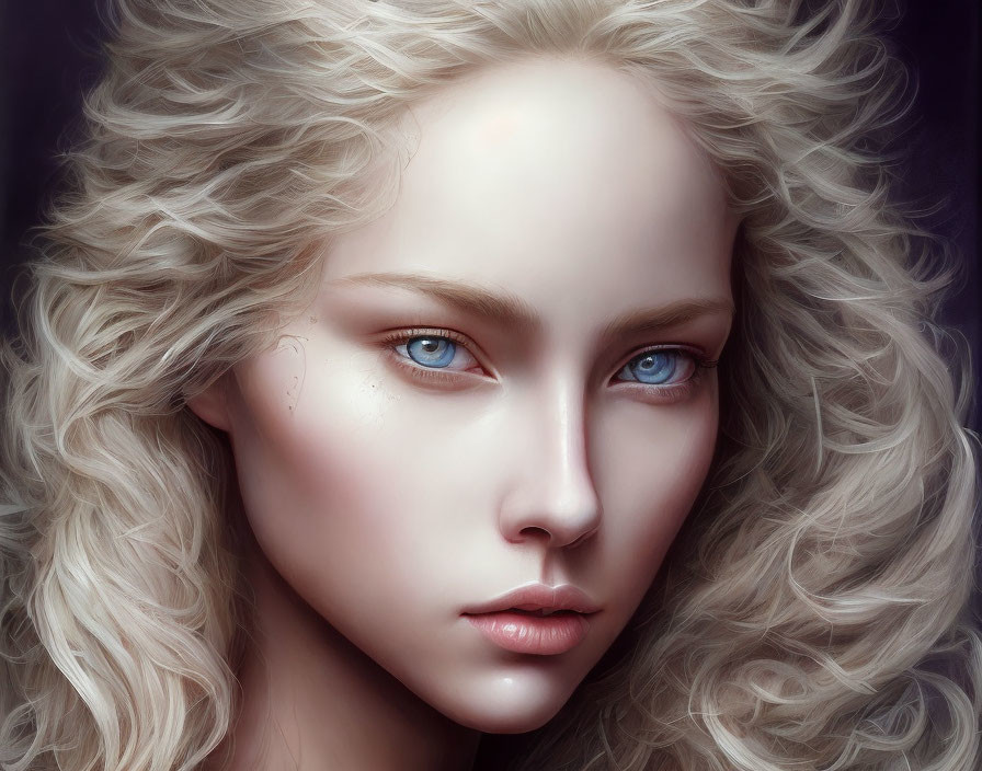 Portrait of woman with blue eyes, pale skin, blond hair on dark backdrop