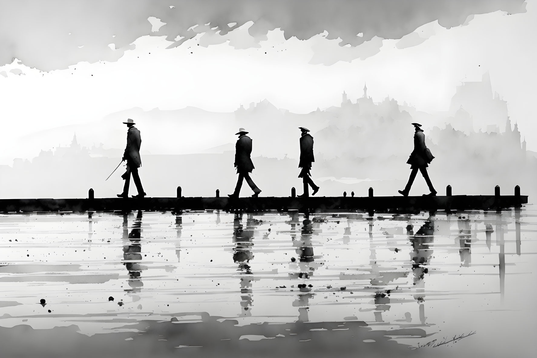 Four silhouetted figures in hats and coats walking in line against urban skyline with reflections.