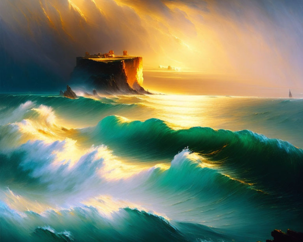 Dramatic Sunset Seascape with Turbulent Waves and Cliff Building