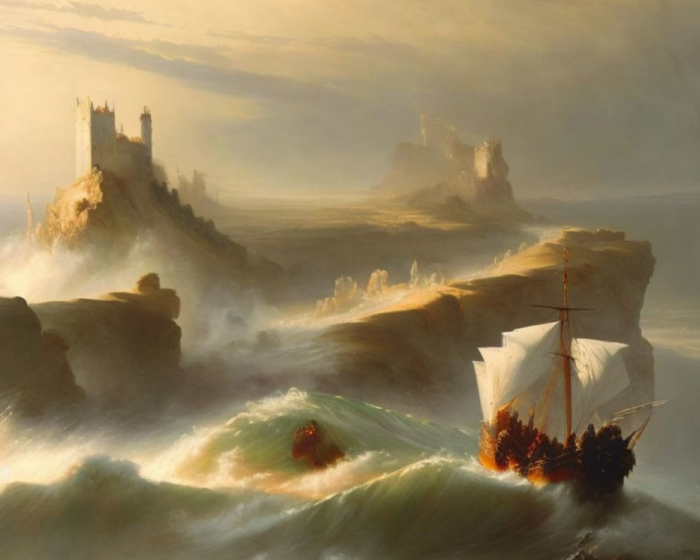 Sailing ship near misty castles on rocky coast at sunset