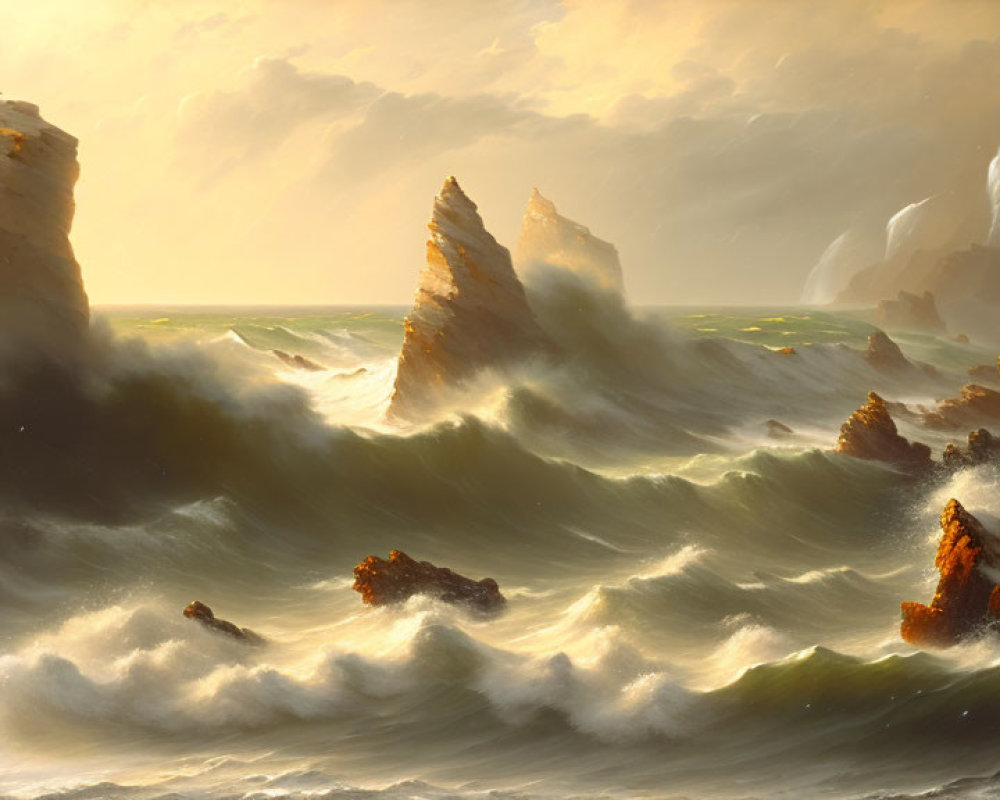 Sunlit dramatic seascape with towering cliffs and crashing waves