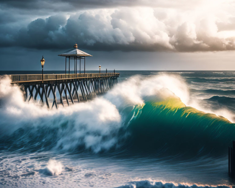 Glassy Wave Cresting Near Pier with Gazebo in Dramatic Ocean Scene