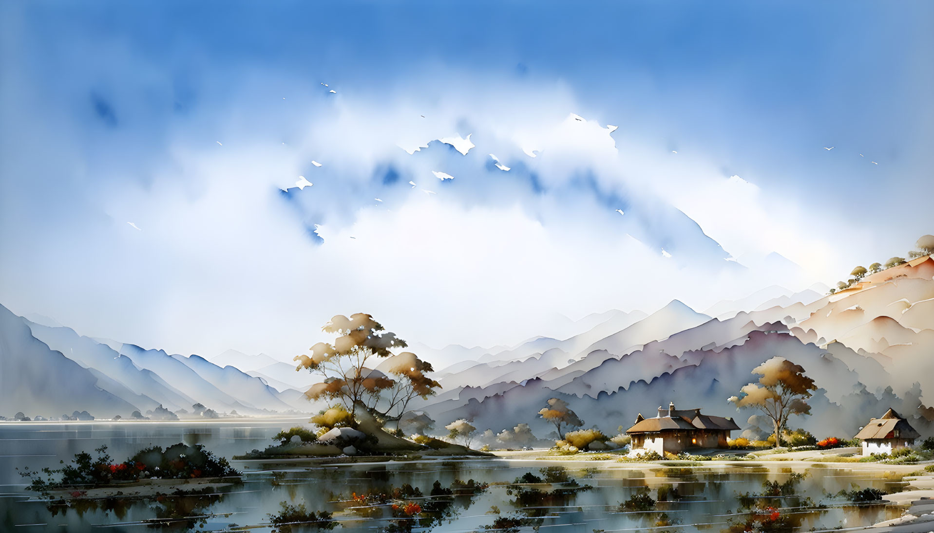 Tranquil lake scene with misty mountains, houses, trees, and birds