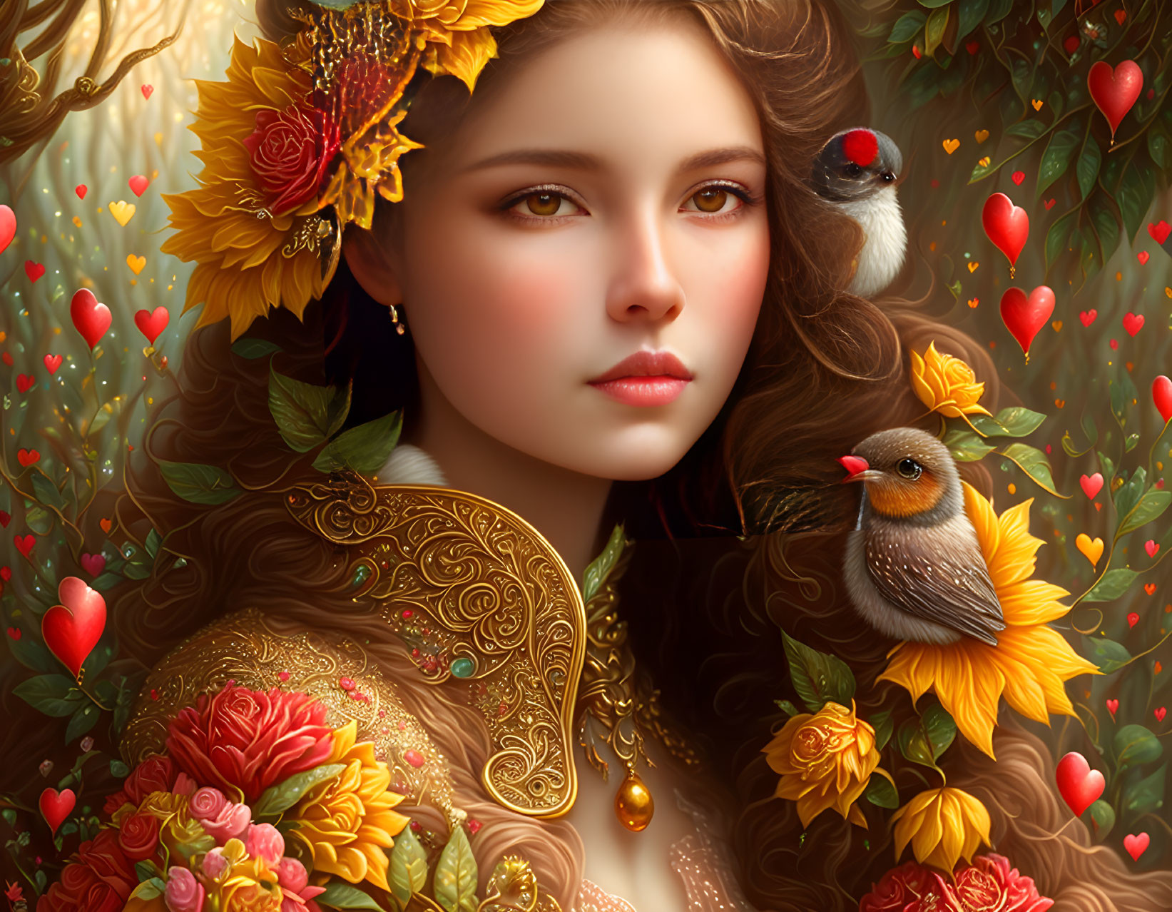 Detailed Artwork: Woman, Birds, Flowers, Hearts, Golden Ornate Details