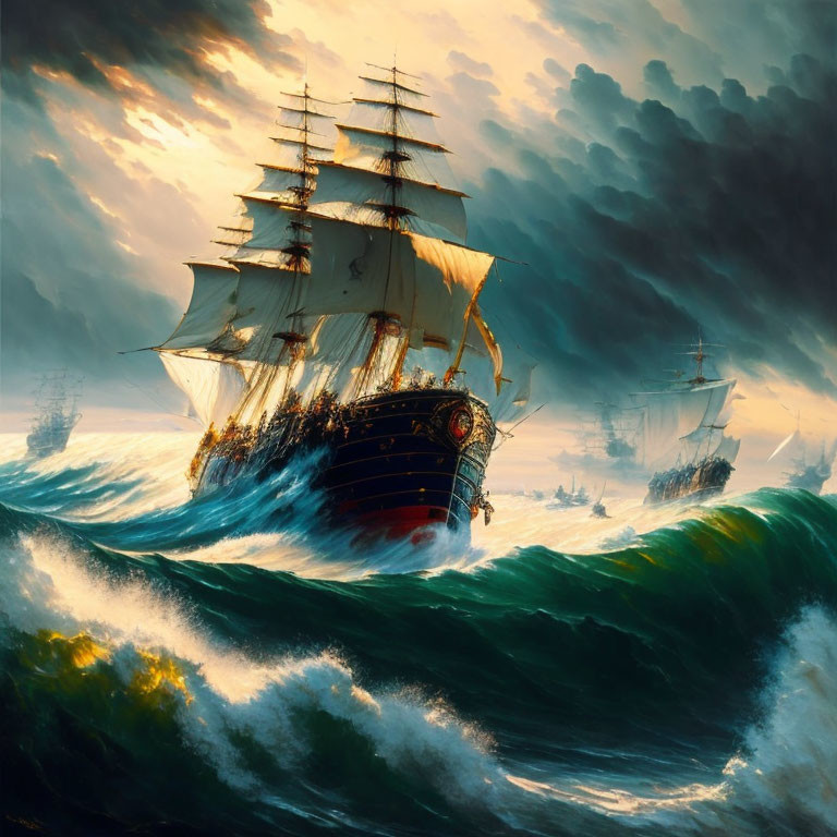 Tall ships with billowing sails on stormy seas