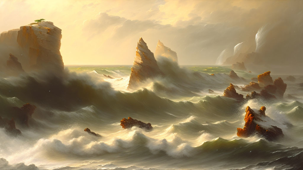 Sunlit dramatic seascape with towering cliffs and crashing waves