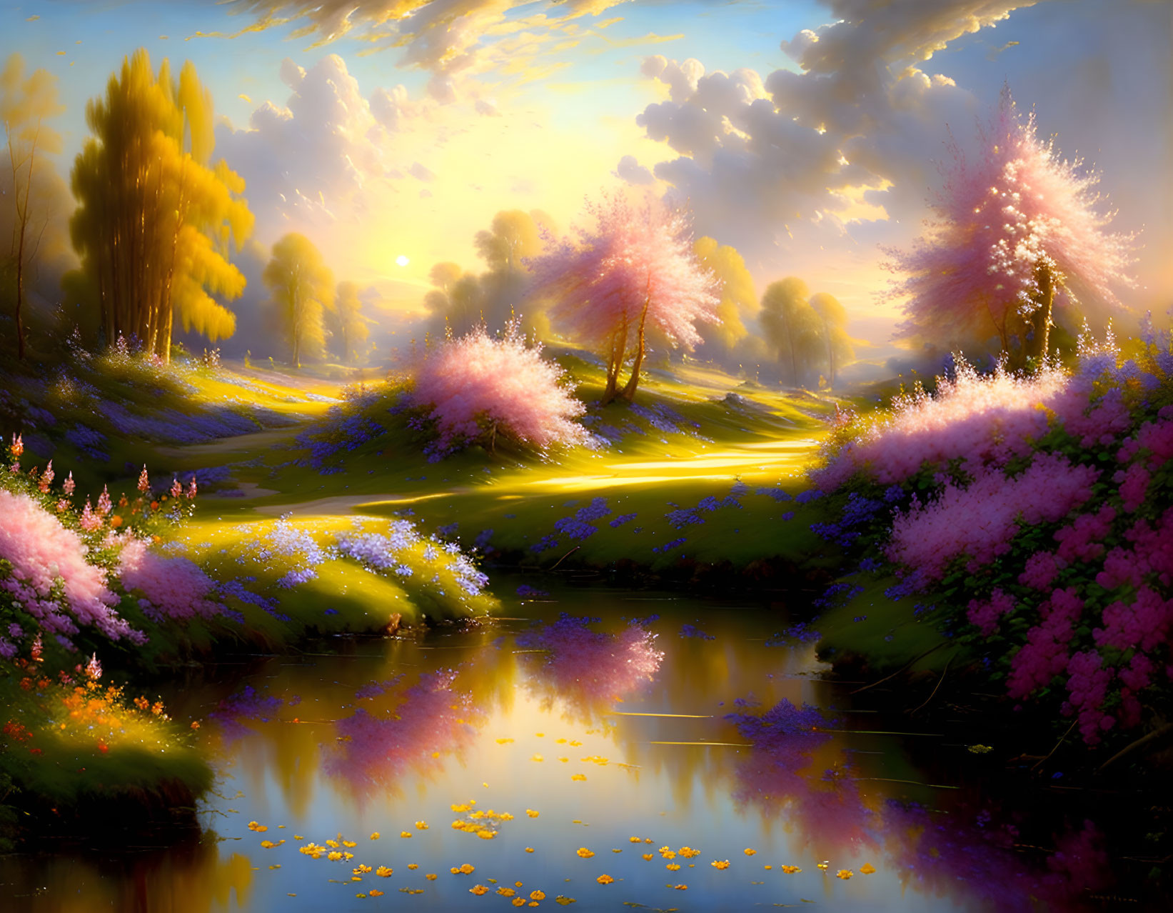 Tranquil sunset landscape with pink trees, river, and blooming flowers