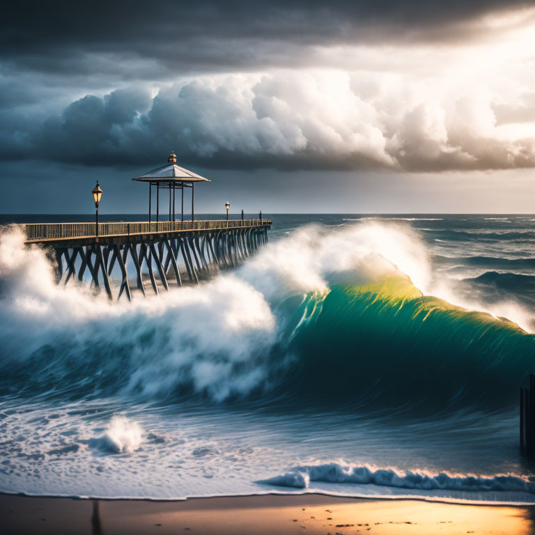 Glassy Wave Cresting Near Pier with Gazebo in Dramatic Ocean Scene