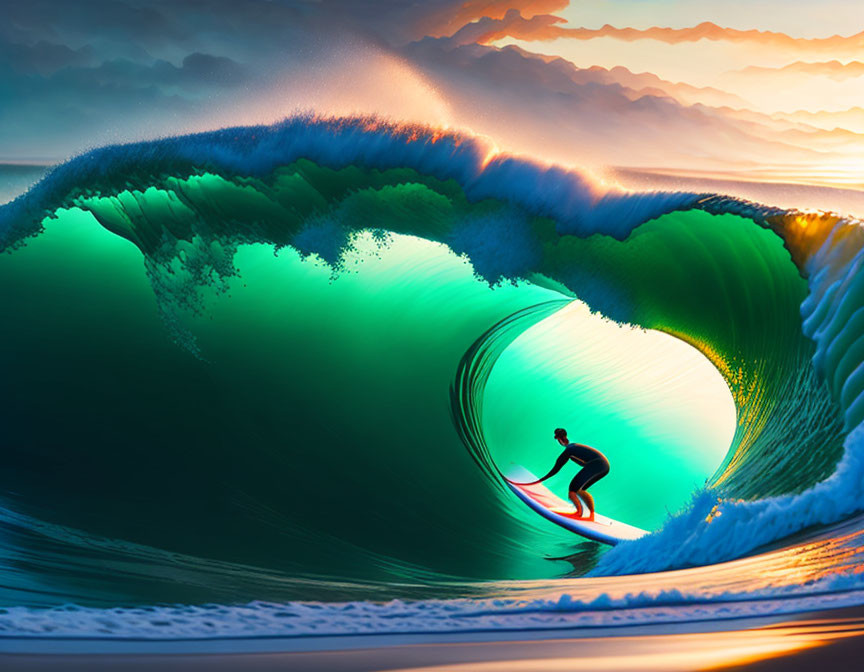 Vibrant sunset wave with surfer in ocean scene