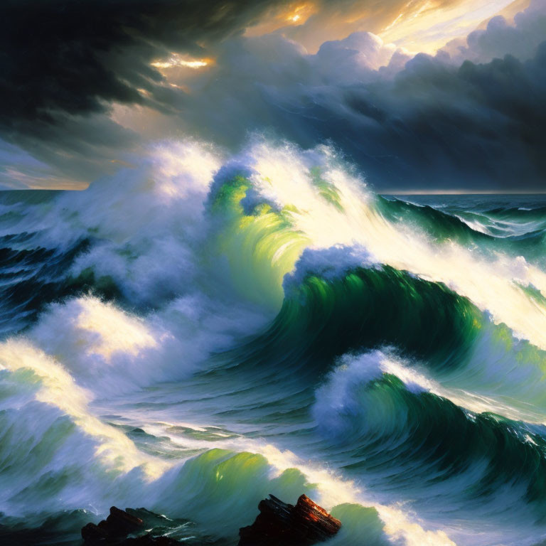 Vivid painting of tumultuous sea with large curling wave and dramatic cloudy sky.