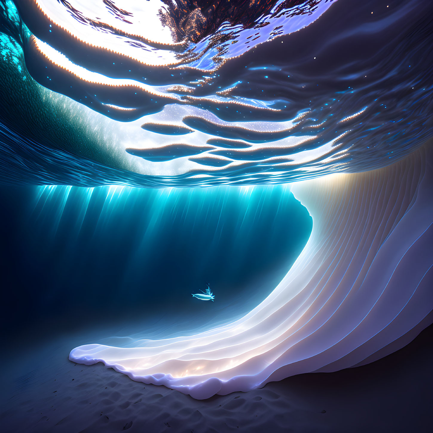 Surreal underwater scene with swirling light patterns and lone fish