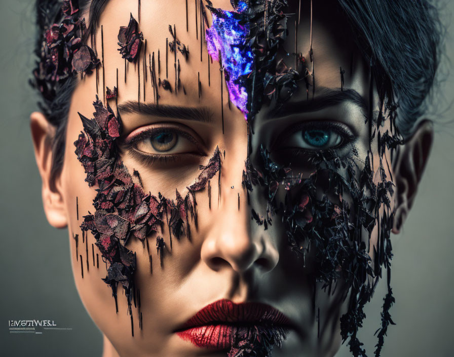 Portrait of Woman with Striking Contrast: Normal Side vs. Dark Leaf-like Textures and Blue St