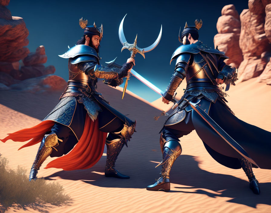 Armored warriors duel with bladed weapons in desert setting