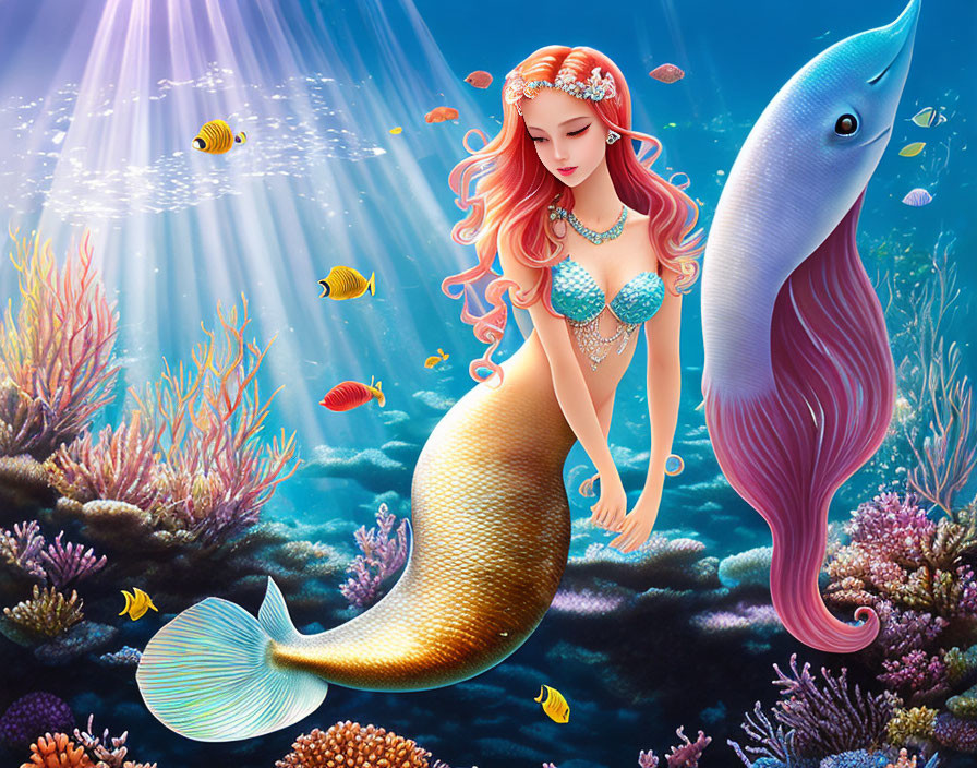 Colorful underwater scene with mermaid, golden tail, fish, and whale in vibrant illustration