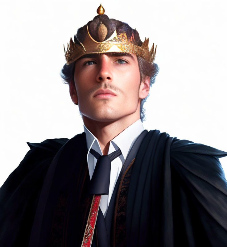 Regal man in golden crown and black cape looks confident