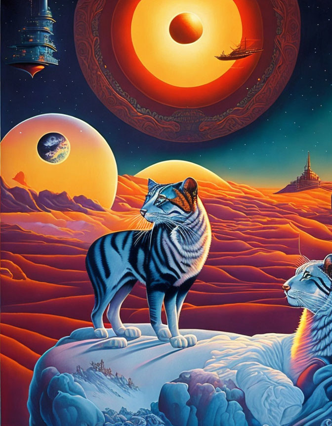 Striped cats on cloud landscape with planets, ship, and castle