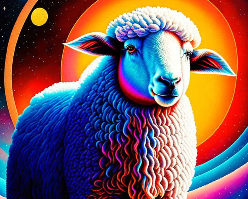 Colorful Sheep Illustration with Cosmic Background