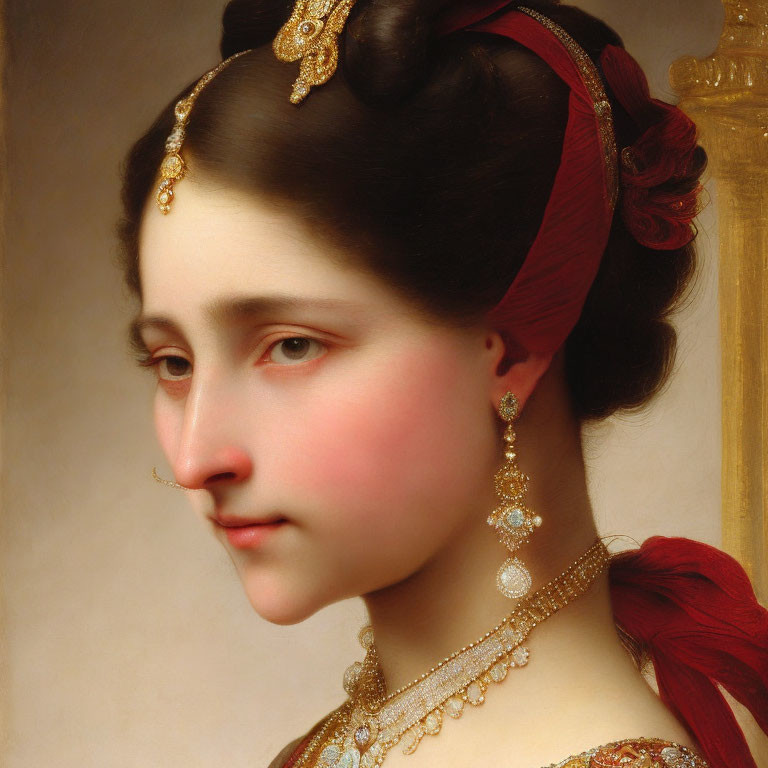 Portrait of Woman with Golden Hair Accessories and Red Headband