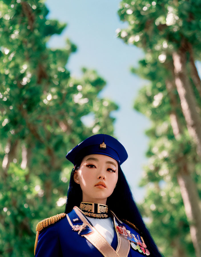 Woman in Blue Military Uniform Among Tall Trees under Bright Sky