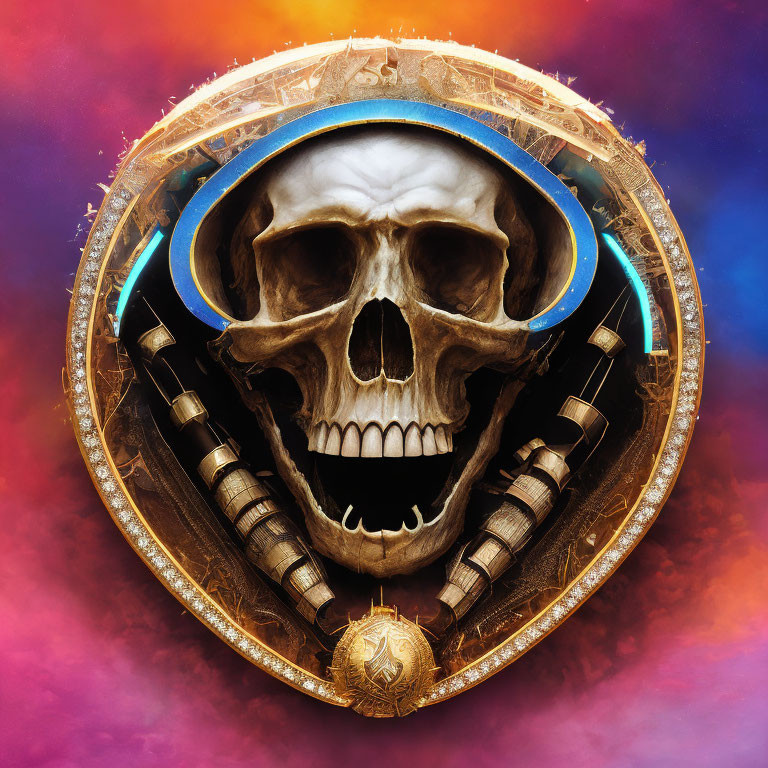 Skull emblem with gold details and cosmic backdrop.