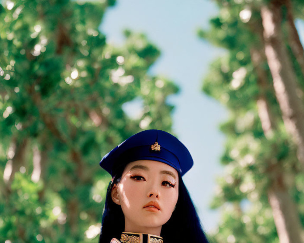 Woman in Blue Military Uniform Among Tall Trees under Bright Sky