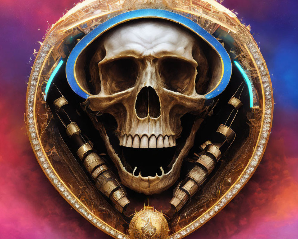 Skull emblem with gold details and cosmic backdrop.