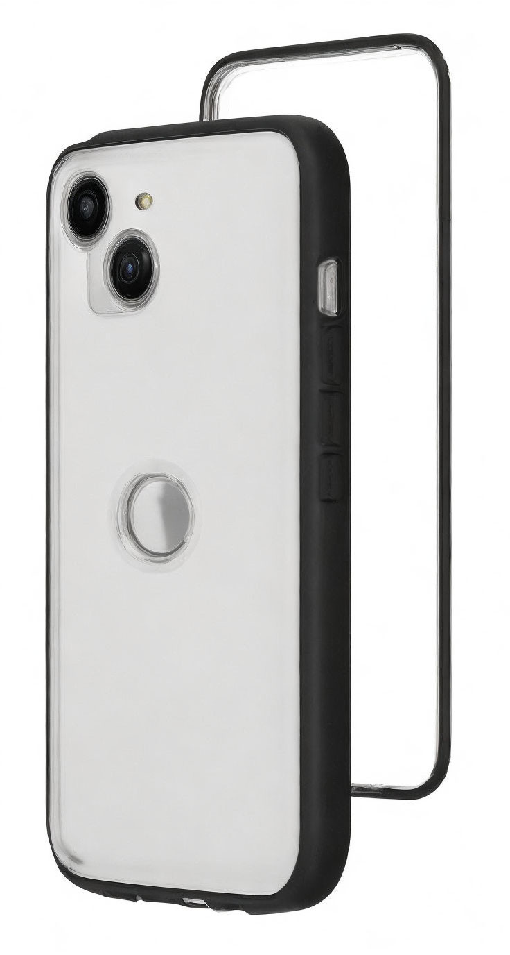 Transparent Phone Case with Black Borders and Cutouts on White Background