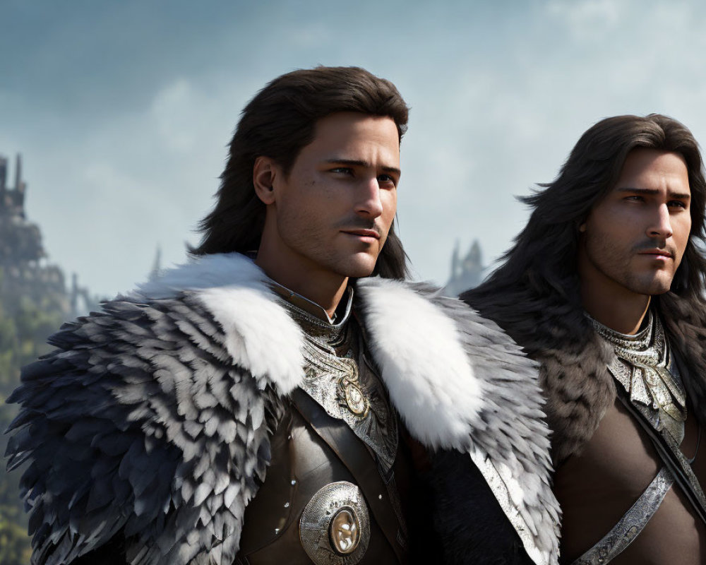 Medieval armored male characters with flowing hair in front of castle.