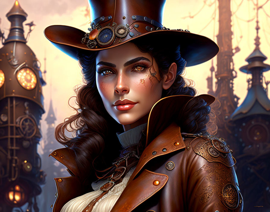 Steampunk-inspired woman in digital painting with top hat and mechanical details