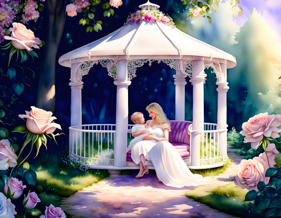 Mother and child embrace in a rose-filled garden gazebo