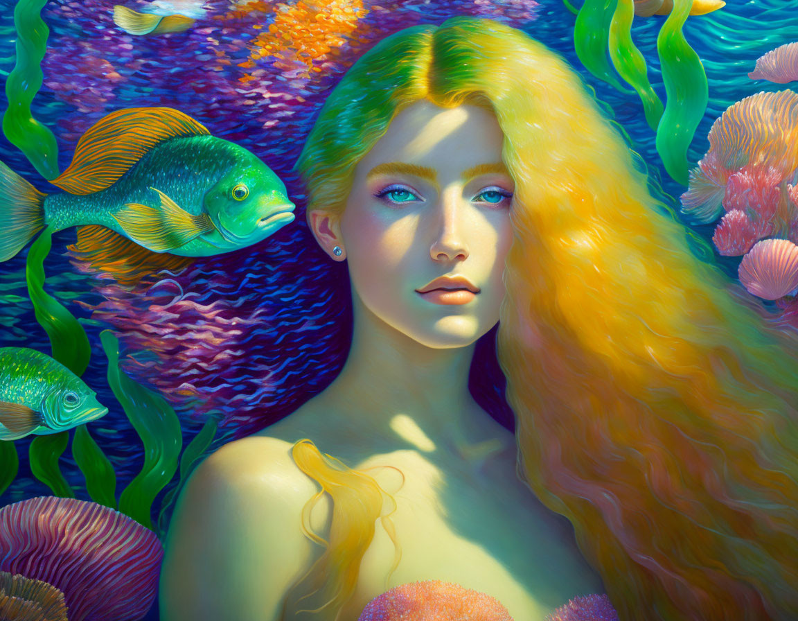 Surreal underwater portrait with golden hair and colorful fish