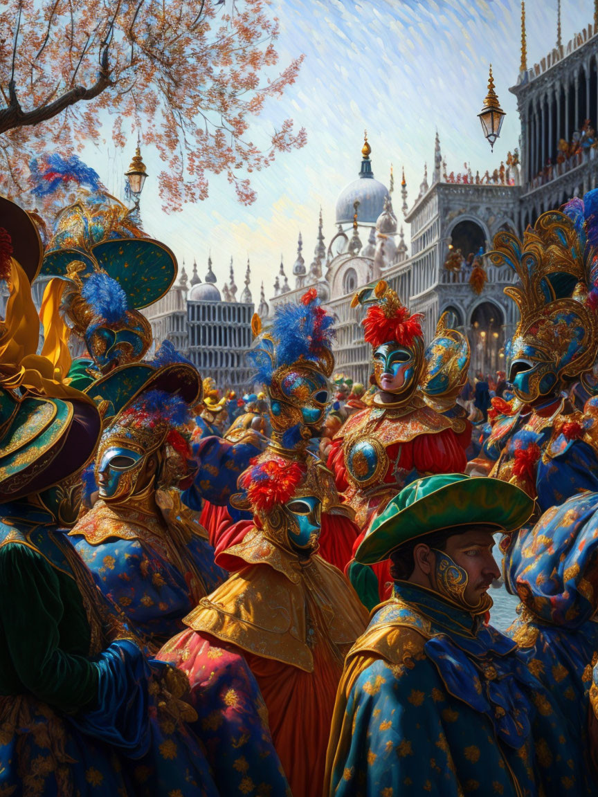 Colorful Venice Carnival costumes with St. Mark’s Basilica