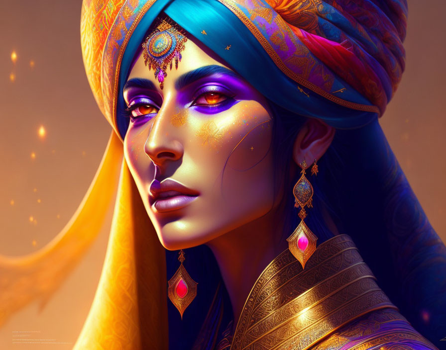 Vibrant makeup woman with gold jewelry and colorful turban gazes sideways