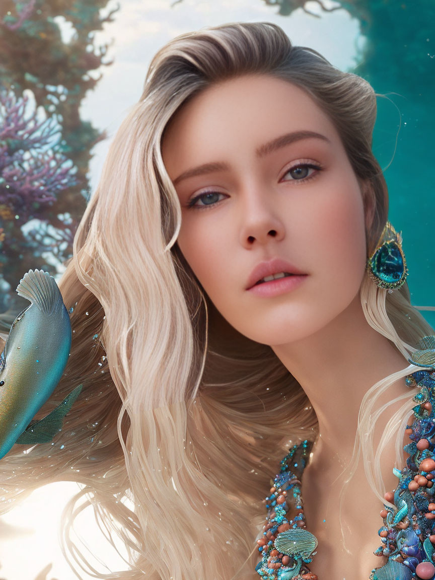 Blonde woman with turquoise earrings in underwater scene