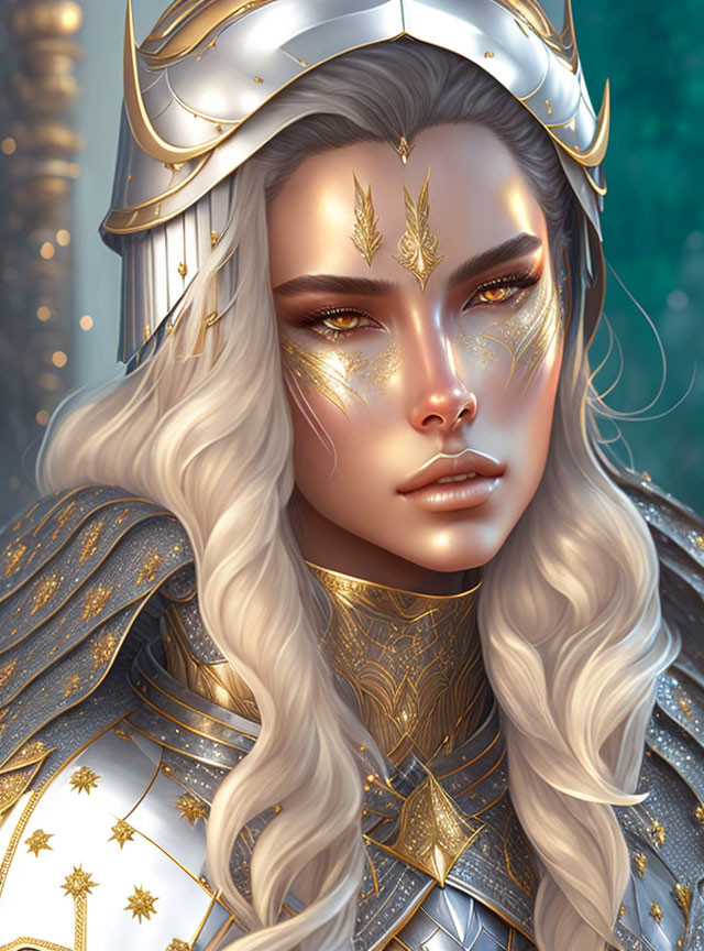 Fantasy image of person with pale skin, long wavy hair, gold-decorated helmet,