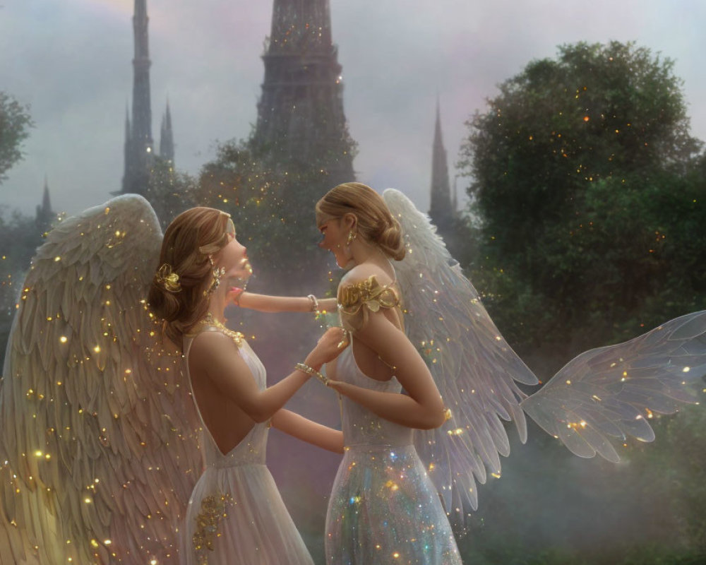 Luminous winged figures in misty landscape with rainbow & cathedral-like structure