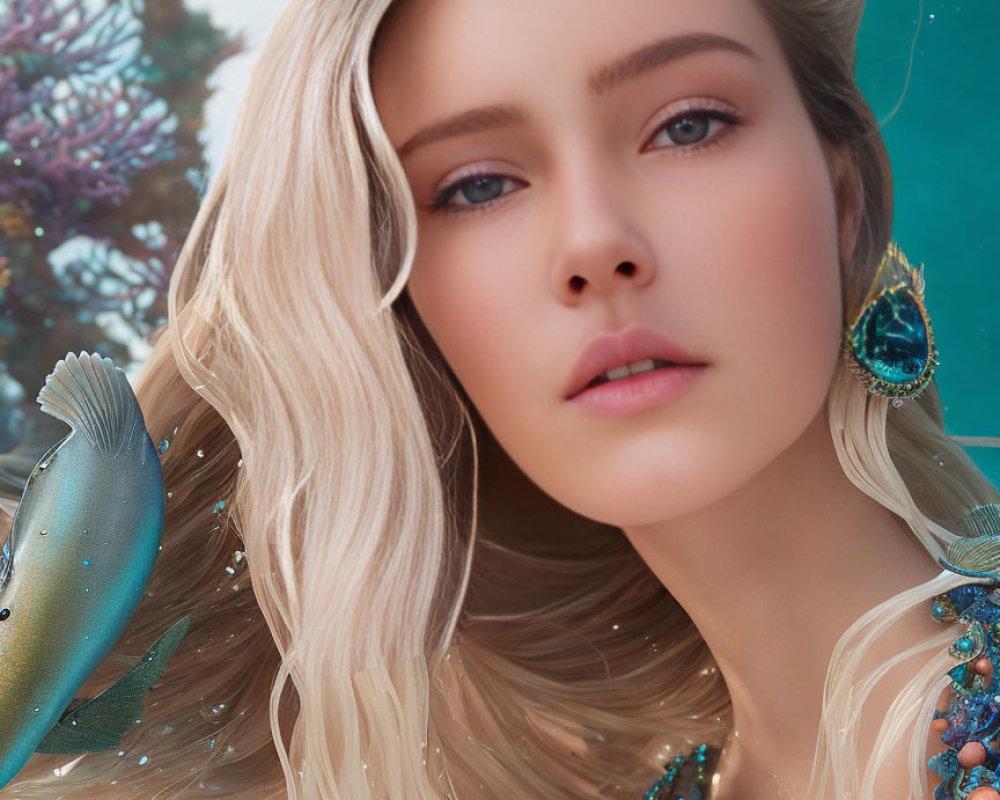 Blonde woman with turquoise earrings in underwater scene