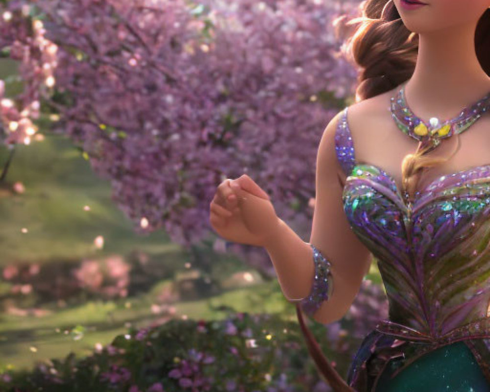 Brown-haired princess in blue and violet gown amidst pink blossoming trees