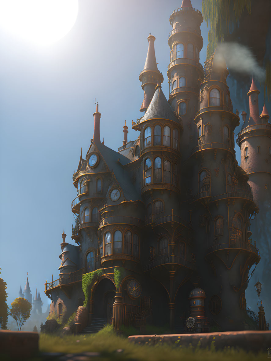 Fantasy castle with multiple towers and spires at sunrise or sunset