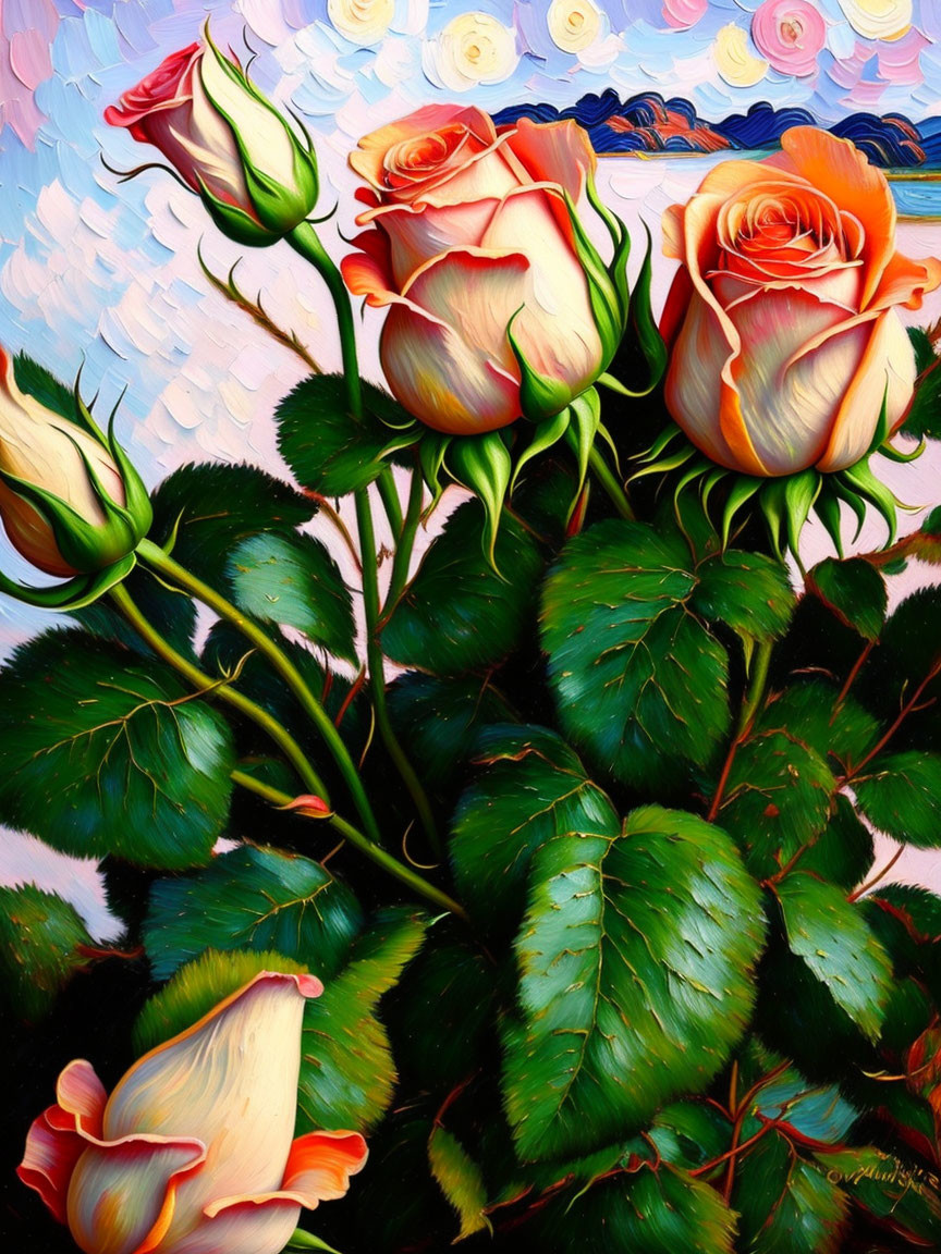 Colorful painting of orange roses and swirling sky with blue and orange hues