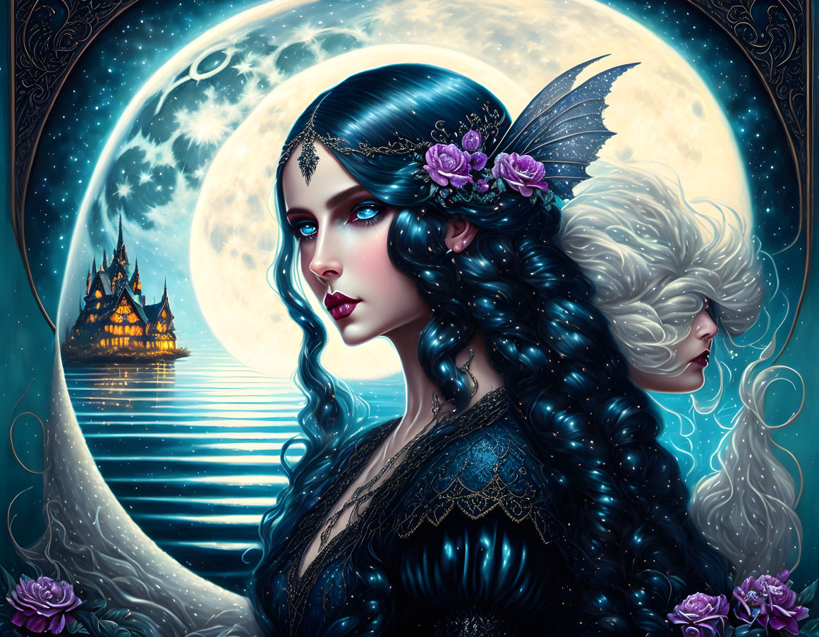 Fantasy illustration of woman with dark hair and blue eyes wearing masquerade mask under full moon and