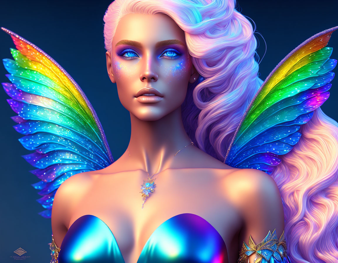 Vibrant digital illustration of fantastical female figure with butterfly wings