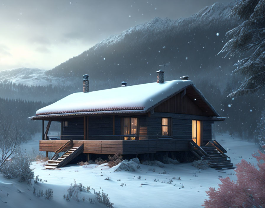 Snowy landscape with illuminated cabin and mountains