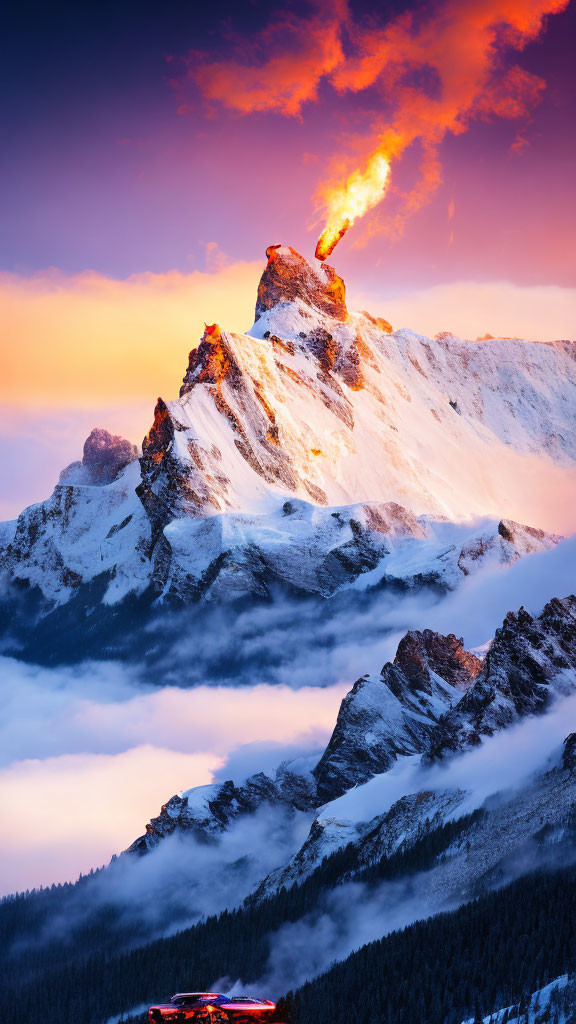 Snow-covered mountain peak at sunset with fiery sky and glowing structure.